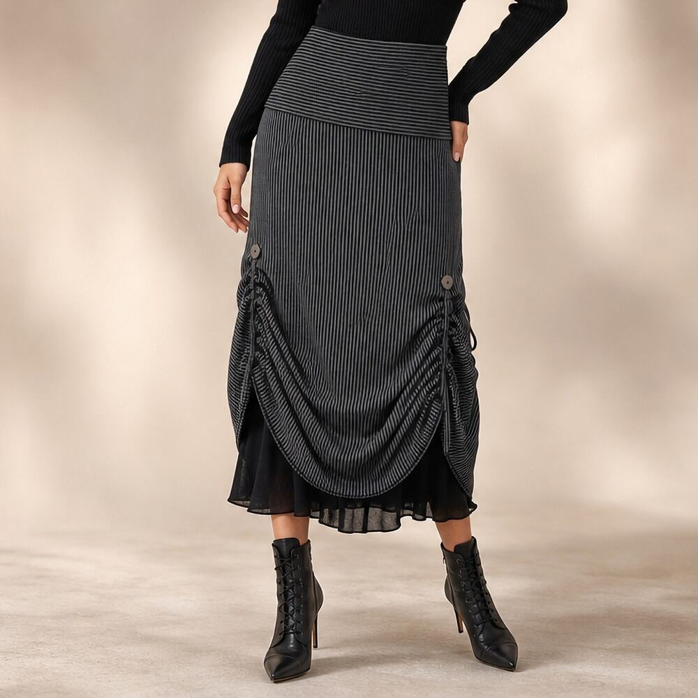 AVATAR Striped Ruched Tiered Midi Skirt Women L Steampunk Gothic Cosplay Prairie